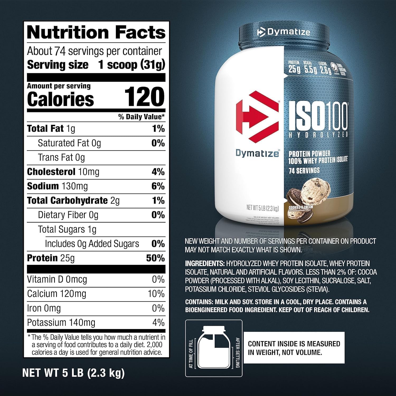 Dymatize ISO 100 0 Carb Whey Cookies & Cream, 5 lb